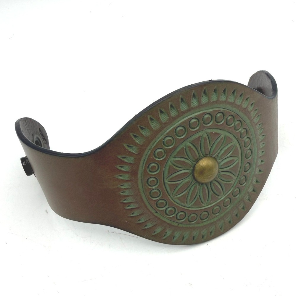 Three Bird Nest Cuff Bracelet Women Brown Embossed Mandala Leather Boho